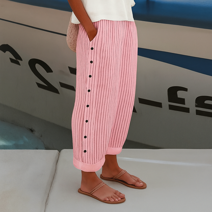 Pantalones de rayas con botones laterales para mujer, verano