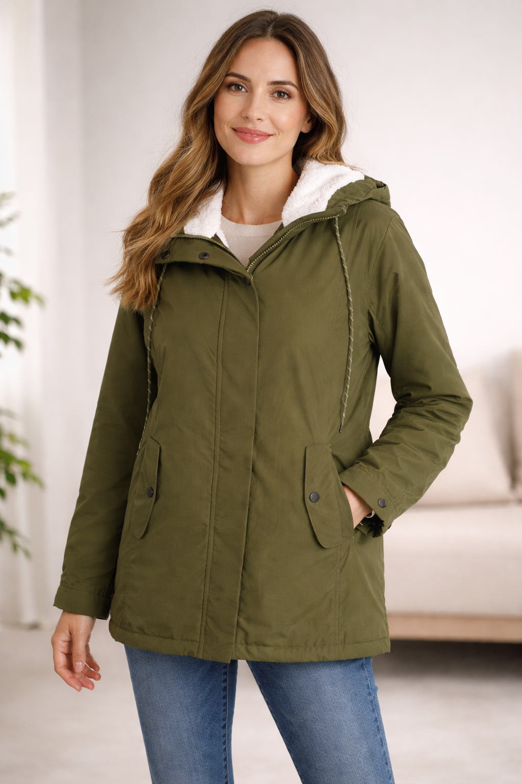 Giacca invernale lunga con cappuccio — Giacca trapuntata calda con zip