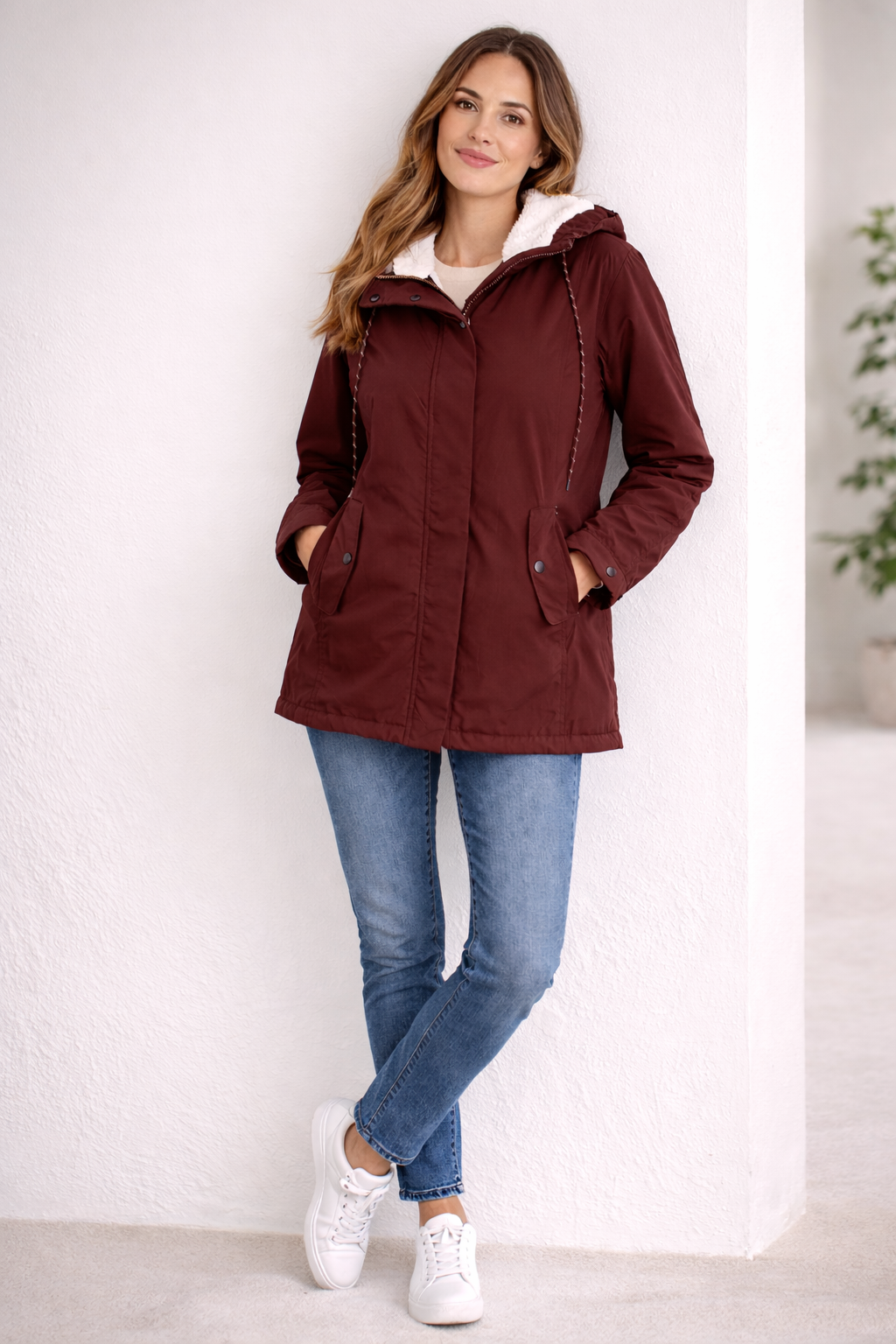 Giacca invernale lunga con cappuccio — Giacca trapuntata calda con zip