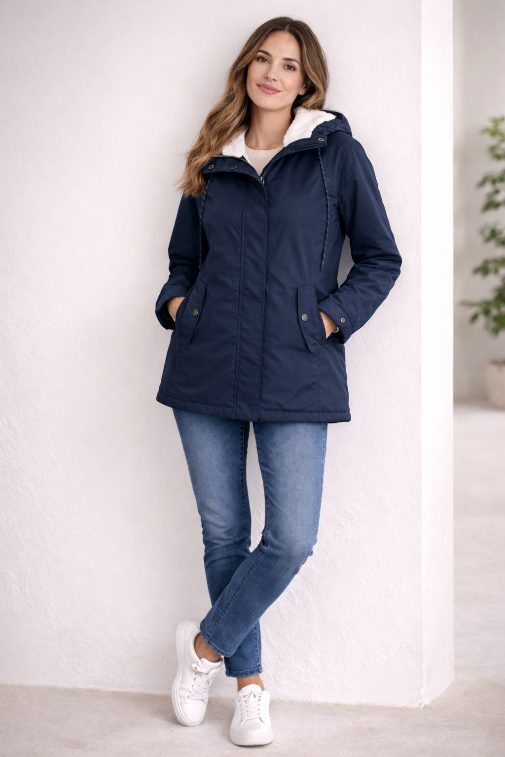 Giacca invernale lunga con cappuccio — Giacca trapuntata calda con zip
