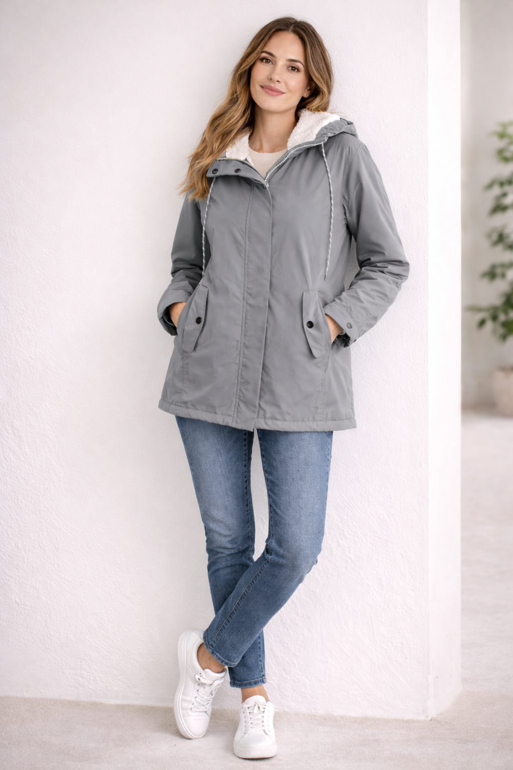 Giacca invernale lunga con cappuccio — Giacca trapuntata calda con zip