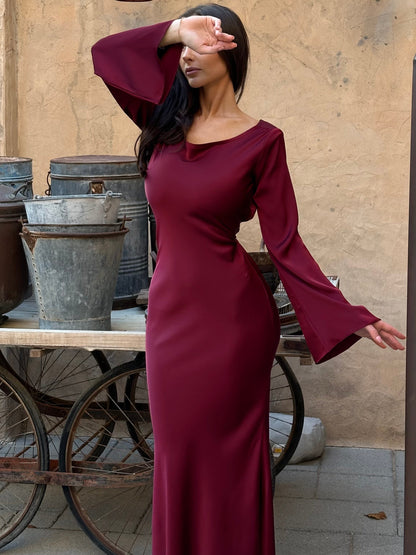 Vestido largo de manga larga satinado para mujer, elegante