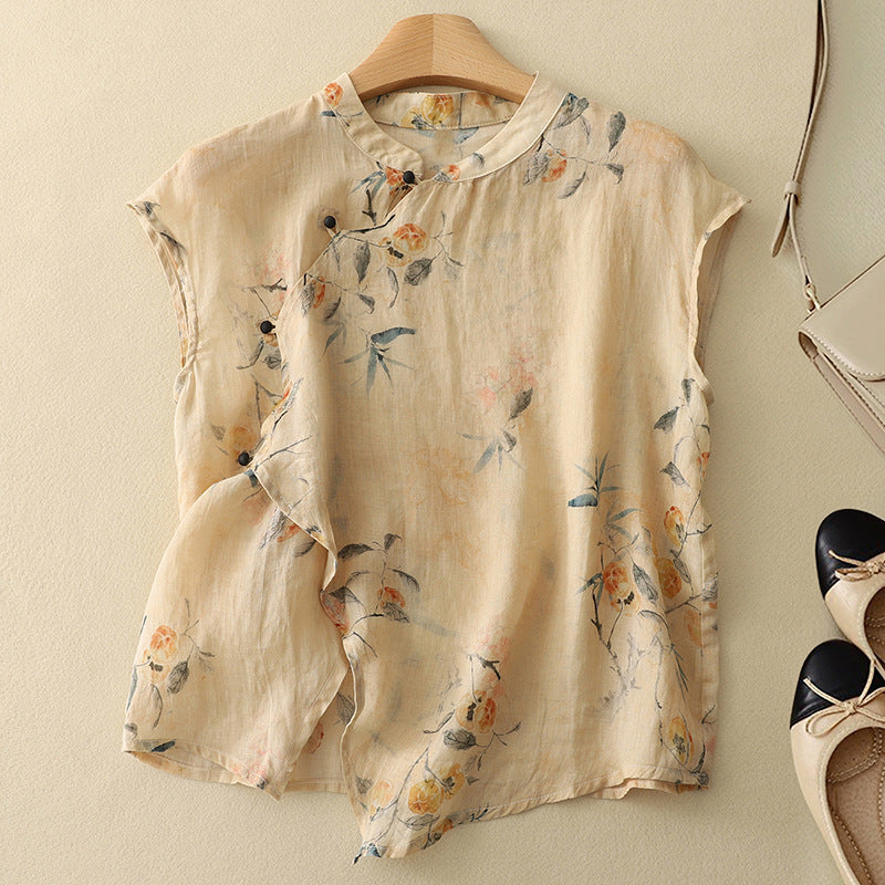Top senza maniche vintage con collo alla coreana — Top floreale fluido