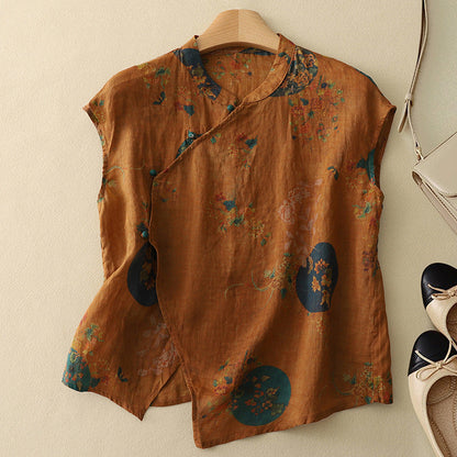Top senza maniche vintage con collo alla coreana — Top floreale fluido