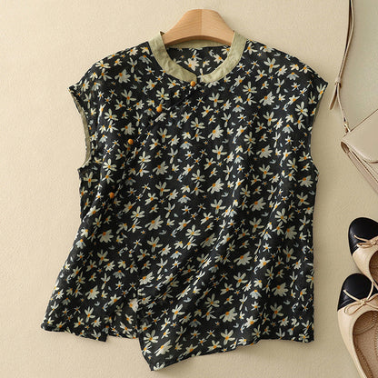 Top senza maniche vintage con collo alla coreana — Top floreale fluido