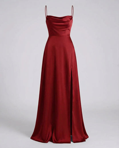 Vestido largo con abertura satinado para mujer, elegante