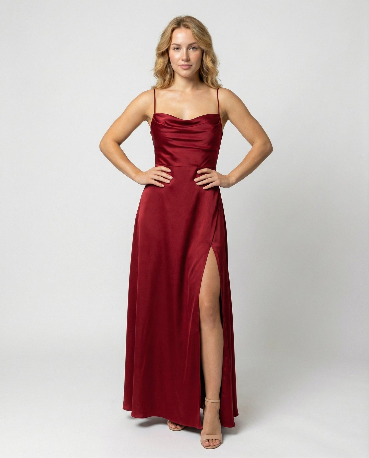 Vestido largo con abertura para mujer, satinado