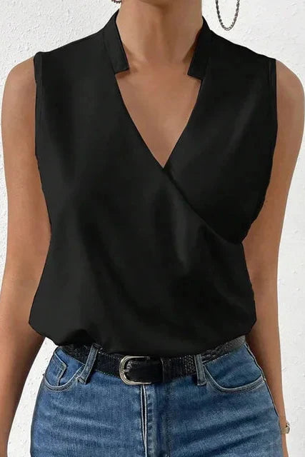 Blusa di lino senza maniche a stampa floreale con scollo a V — Blusa romantica