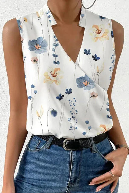 Blusa di lino senza maniche a stampa floreale con scollo a V — Blusa romantica