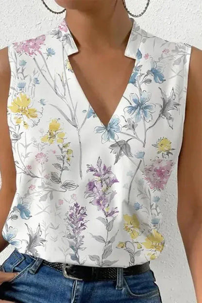 Blusa di lino senza maniche a stampa floreale con scollo a V — Blusa romantica