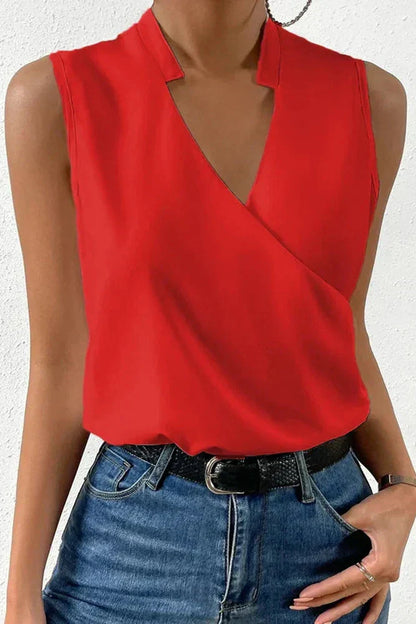 Blusa di lino senza maniche a stampa floreale con scollo a V — Blusa romantica