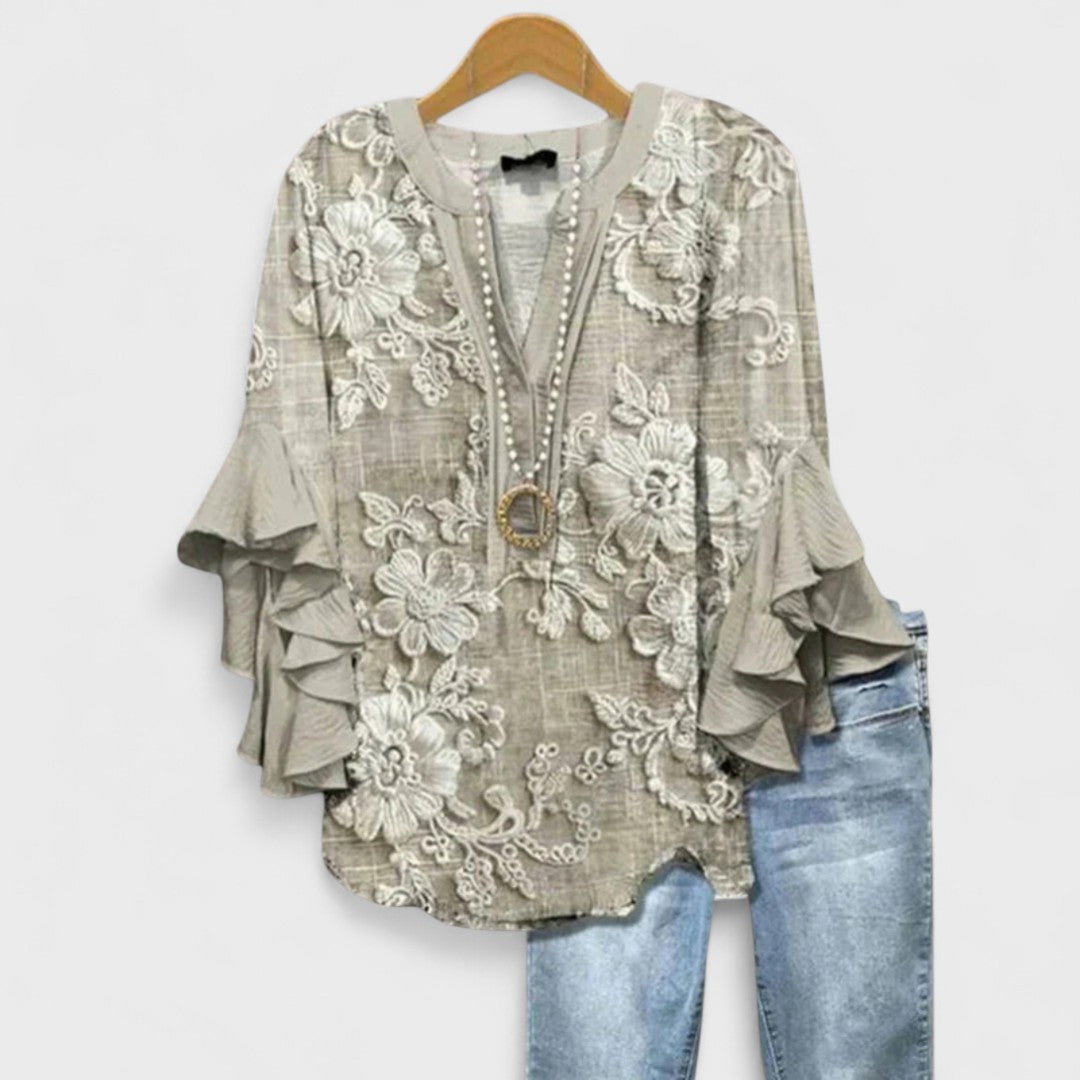 Blusa con scollo a V e maniche a volant — Blusa stampata elegante