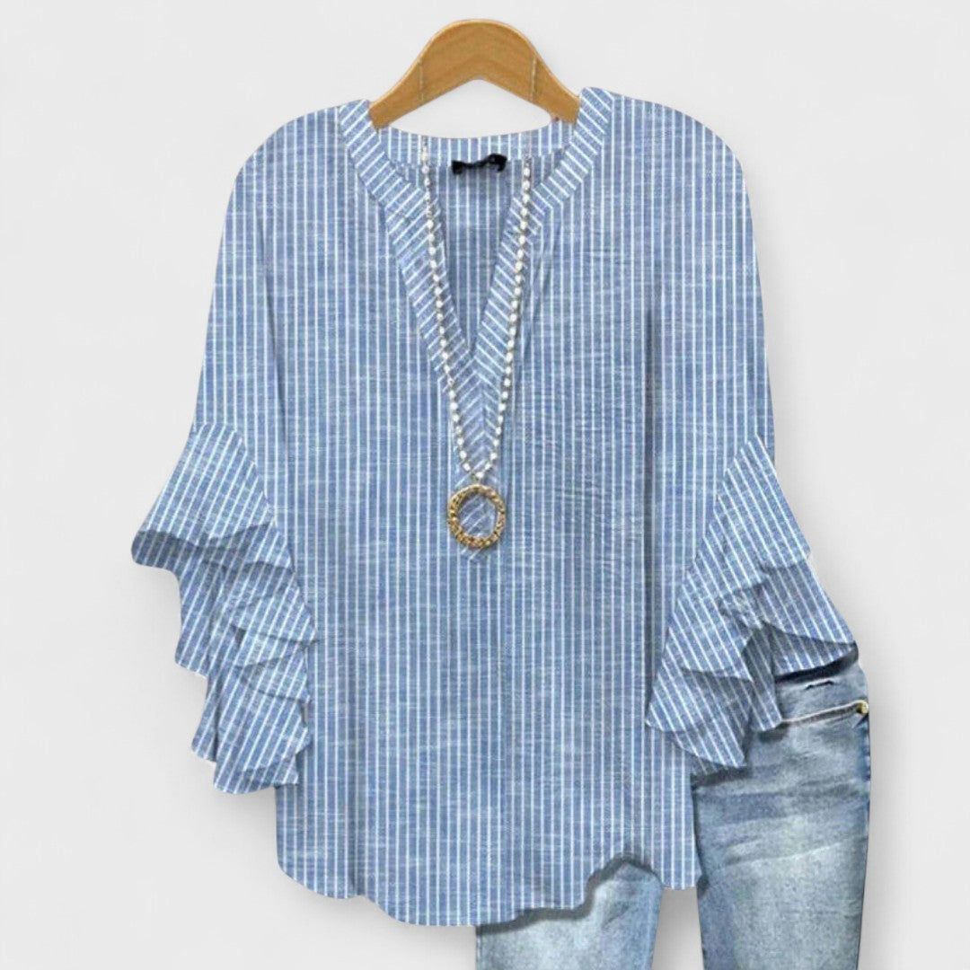 Blusa con scollo a V e maniche a volant — Blusa stampata elegante