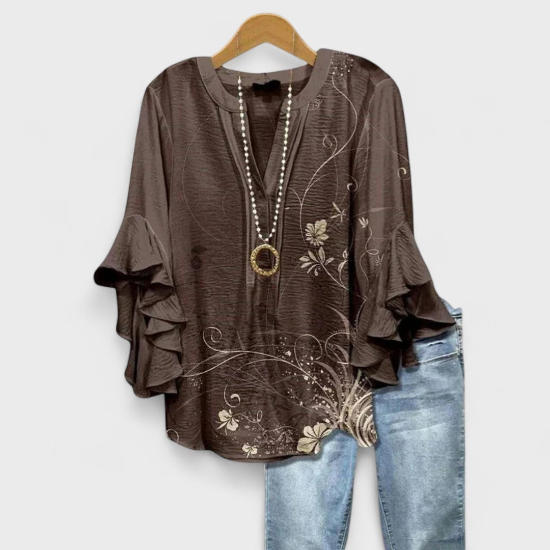 Blusa con scollo a V e maniche a volant — Blusa stampata elegante