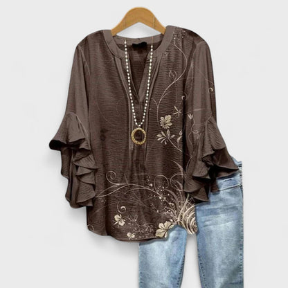 Blusa con scollo a V e maniche a volant — Blusa stampata elegante