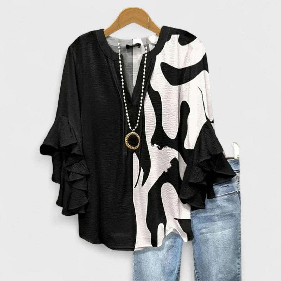 Blusa con scollo a V e maniche a volant — Blusa stampata elegante