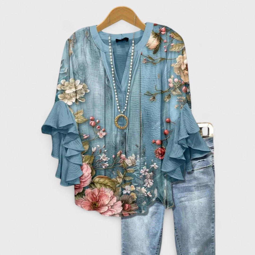 Blusa con scollo a V e maniche a volant — Blusa stampata elegante