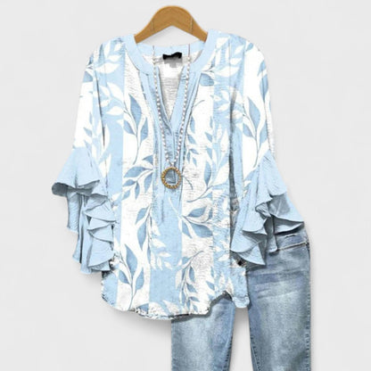 Blusa con scollo a V e maniche a volant — Blusa stampata elegante