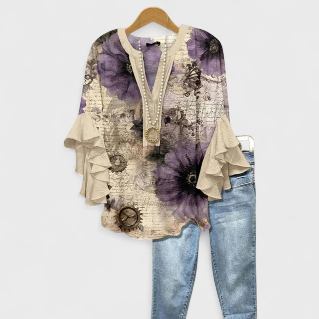 Blusa con scollo a V e maniche a volant — Blusa stampata elegante