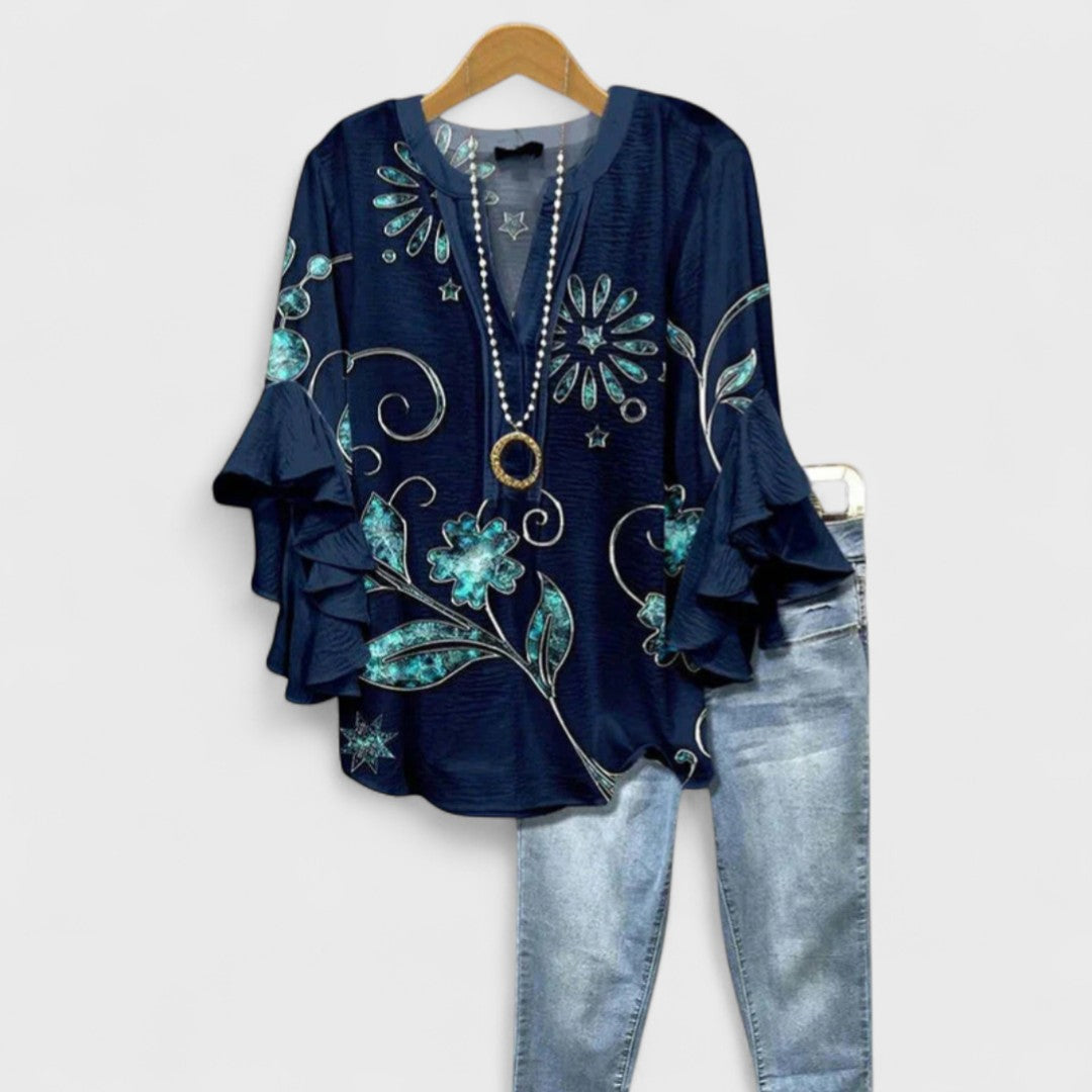 Blusa con scollo a V e maniche a volant — Blusa stampata elegante