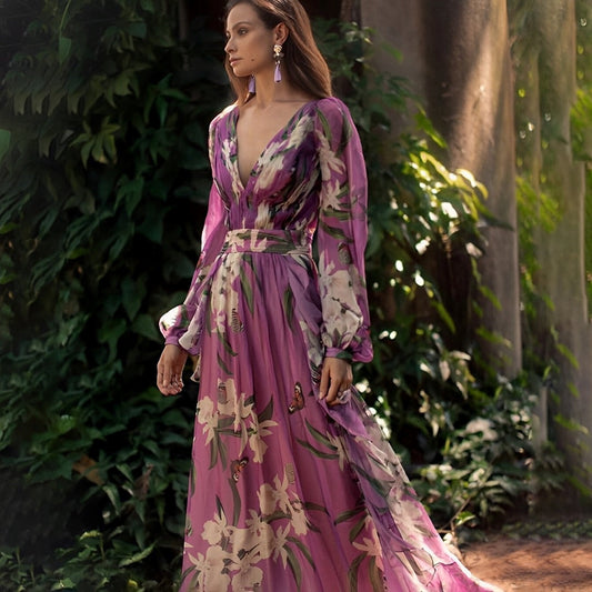 Vestido maxi floral con cuello en V para mujer