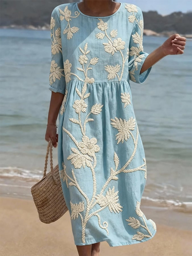 Vestido floral de cuello redondo para mujer, midi de lino