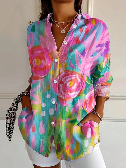 Blusa con stampa astratta e bottoni — Blusa fluida a manica lunga
