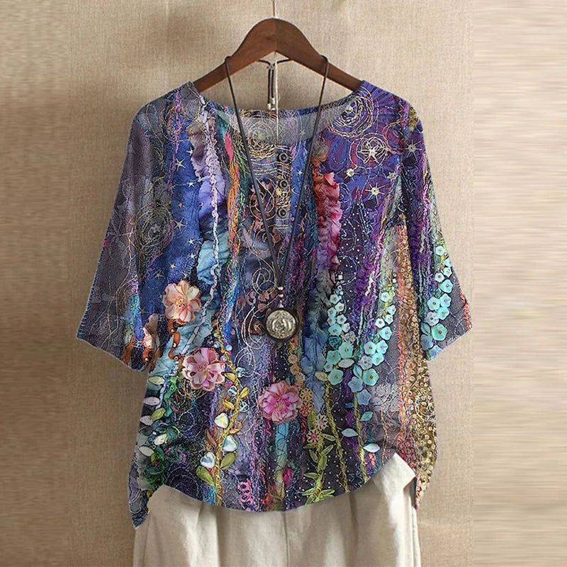 Blusa d'ispirazione retro con stampa floreale — Blusa fluida e versatile