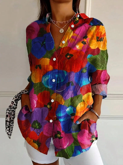 Blusa con stampa astratta e bottoni — Blusa fluida a manica lunga