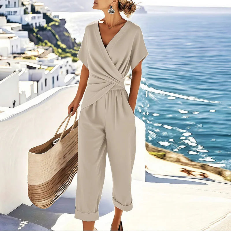 Completo due pezzi con top incrociato e pantaloni — Completo elegante estivo