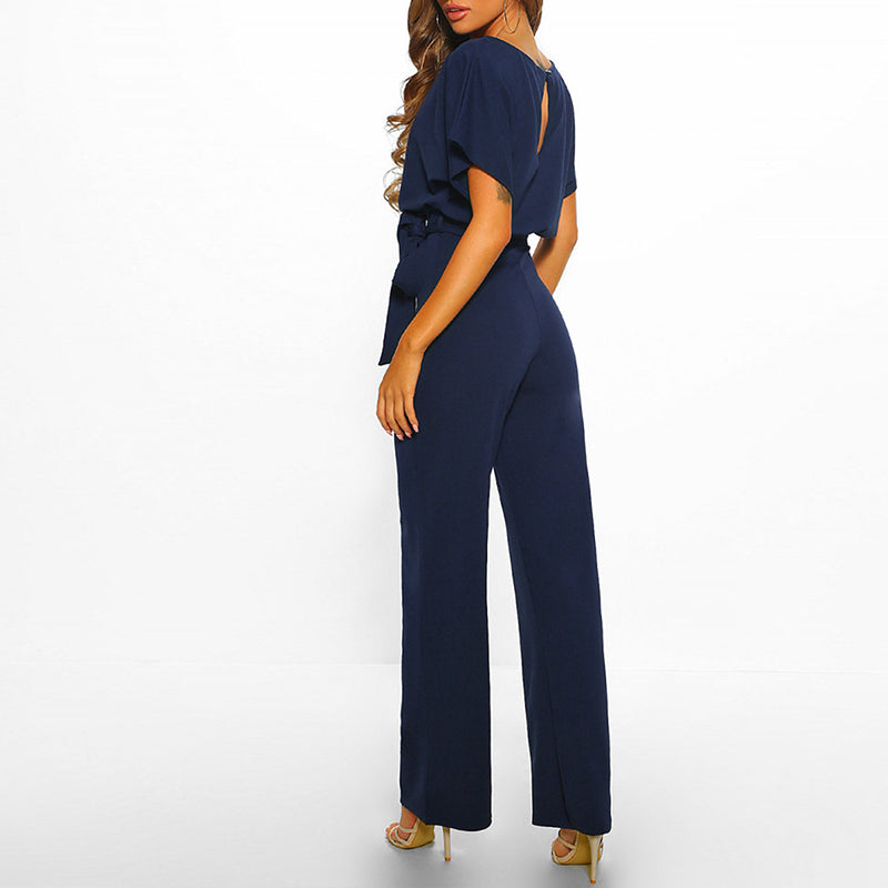 Tuta di lino con cintura e gamba larga — Tuta elegante da vestire