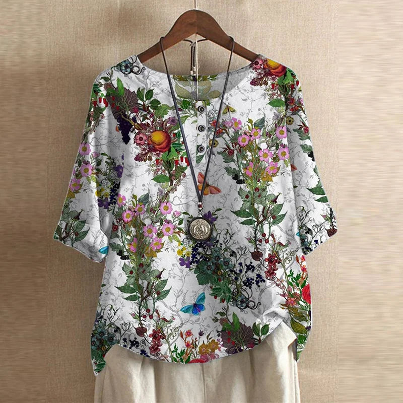 Blusa d'ispirazione retro con stampa floreale — Blusa fluida e versatile