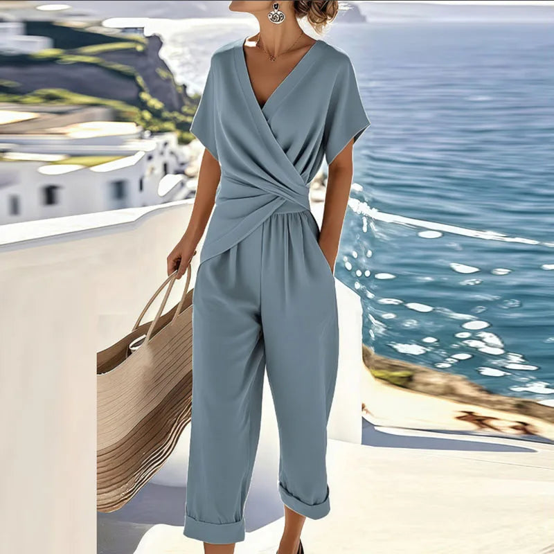 Completo due pezzi con top incrociato e pantaloni — Completo elegante estivo