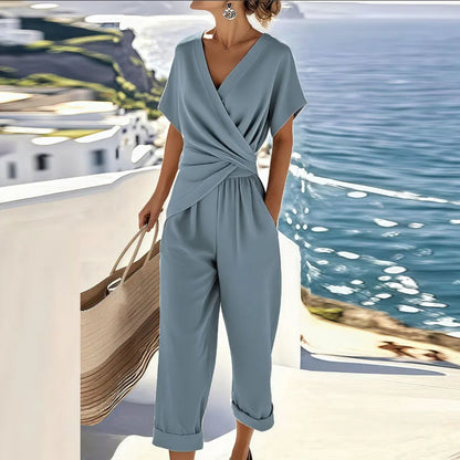 Completo due pezzi con top incrociato e pantaloni — Completo elegante estivo