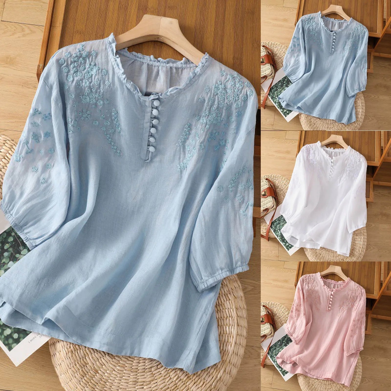 Blusa con bottoni e ricamo floreale — Blusa fluida ed elegante
