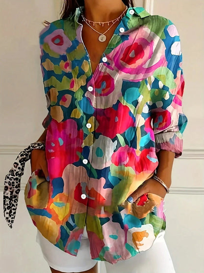 Blusa con stampa astratta e bottoni — Blusa fluida a manica lunga