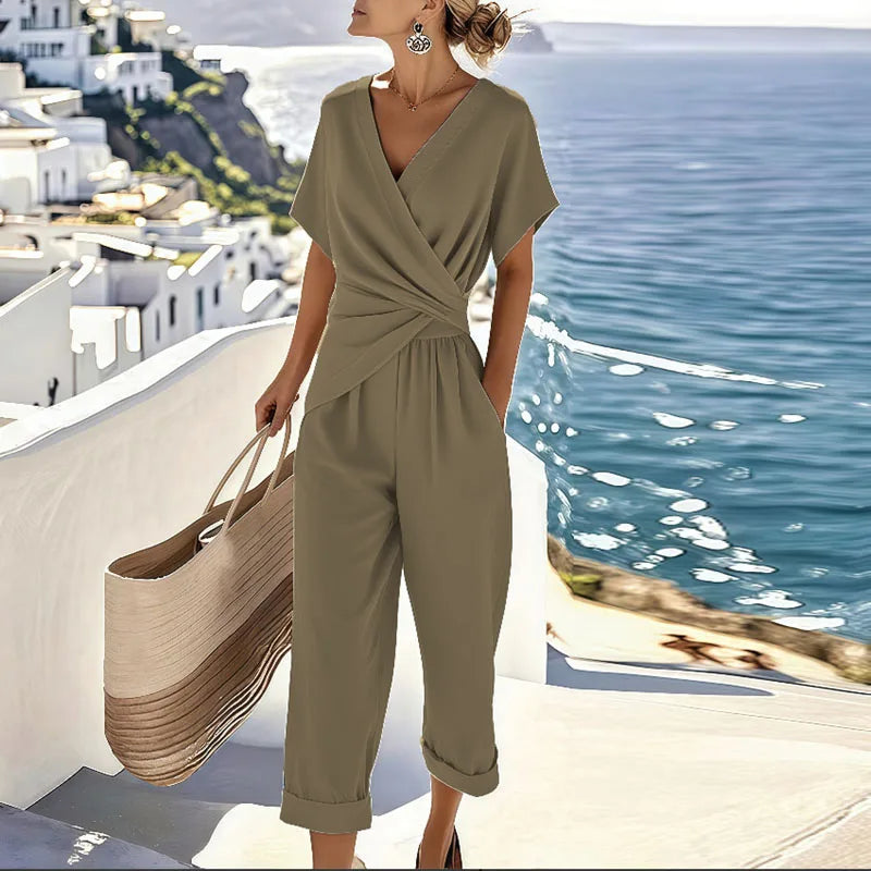 Completo due pezzi con top incrociato e pantaloni — Completo elegante estivo