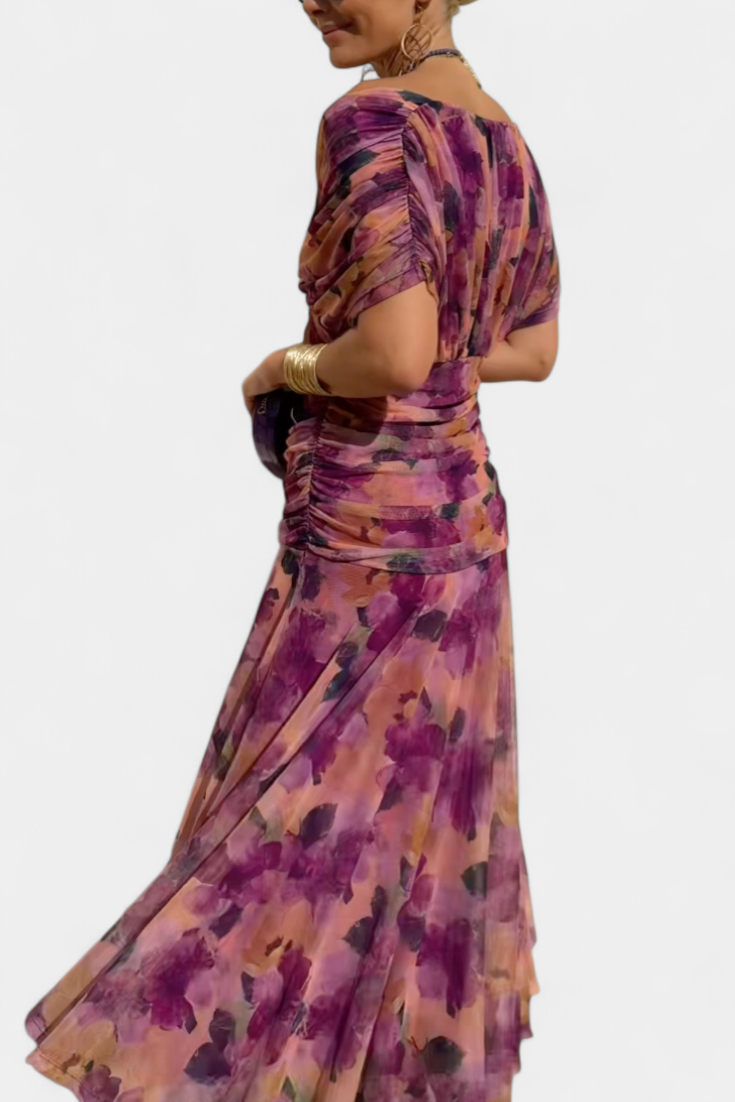 Vestido largo fruncido con cuello en V para mujer, fluido
