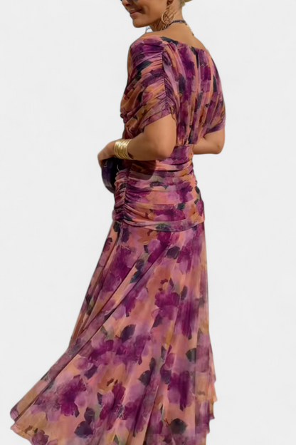 Vestido largo fruncido con cuello en V para mujer, fluido