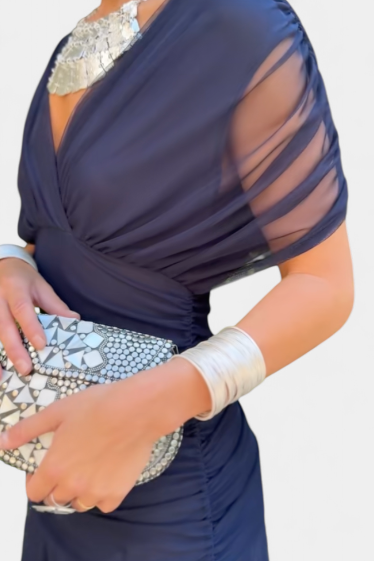Vestido fruncido para mujer, cuello en pico
