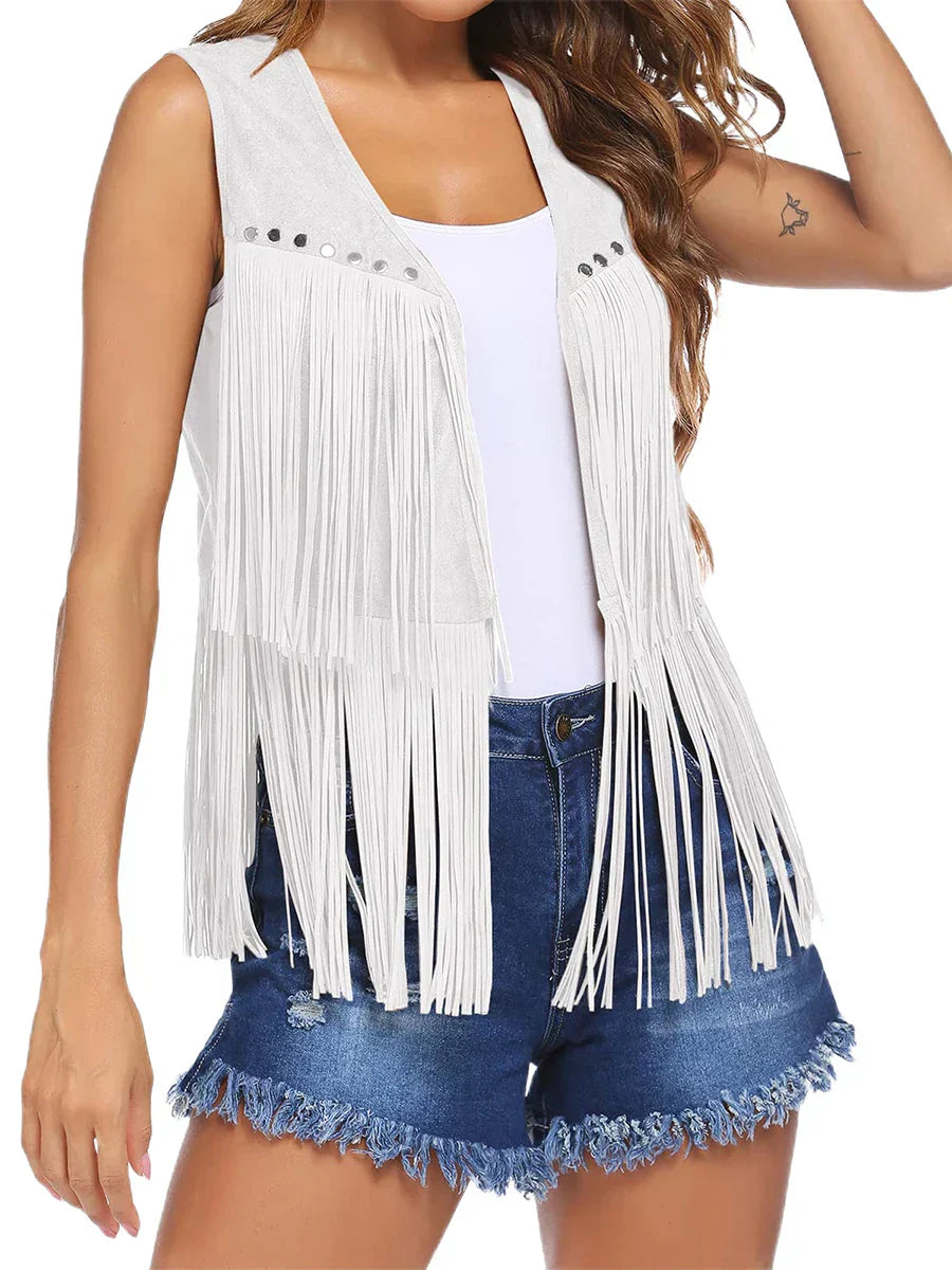Gilet con frange senza maniche — Gilet aperto con borchie