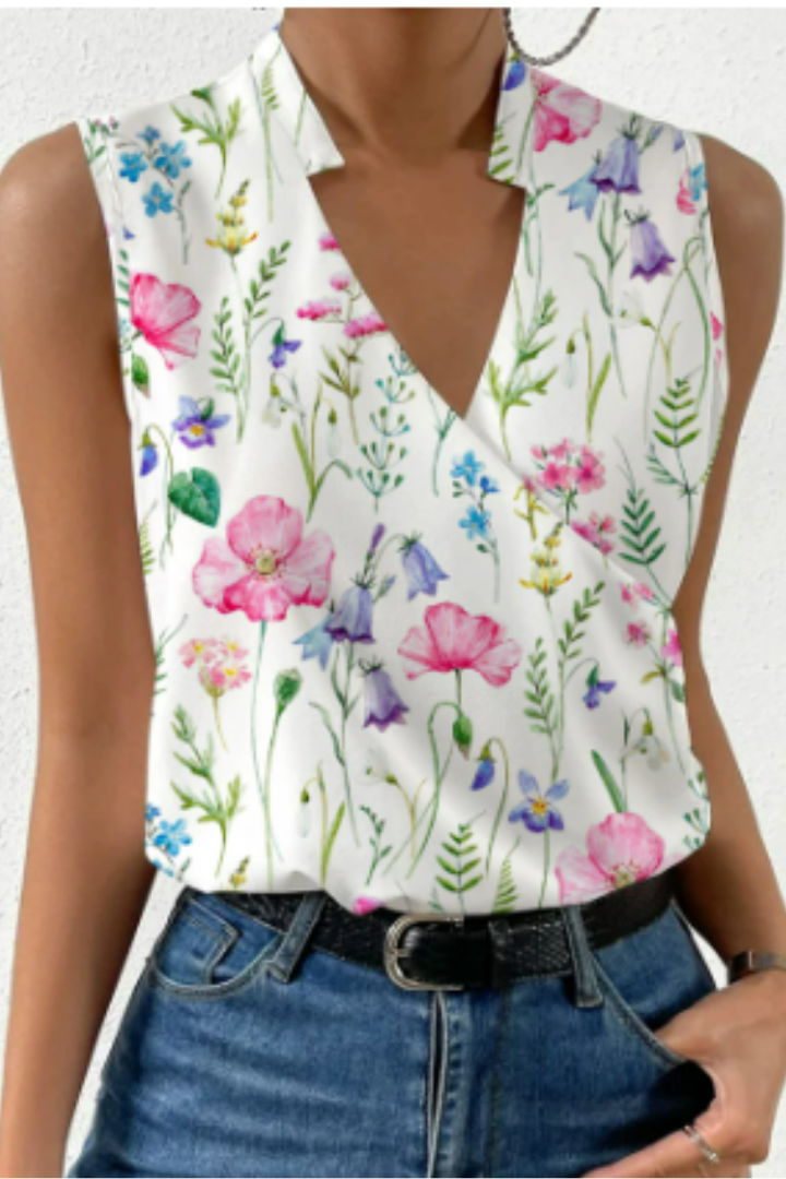 Blusa di lino senza maniche a stampa floreale con scollo a V — Blusa romantica