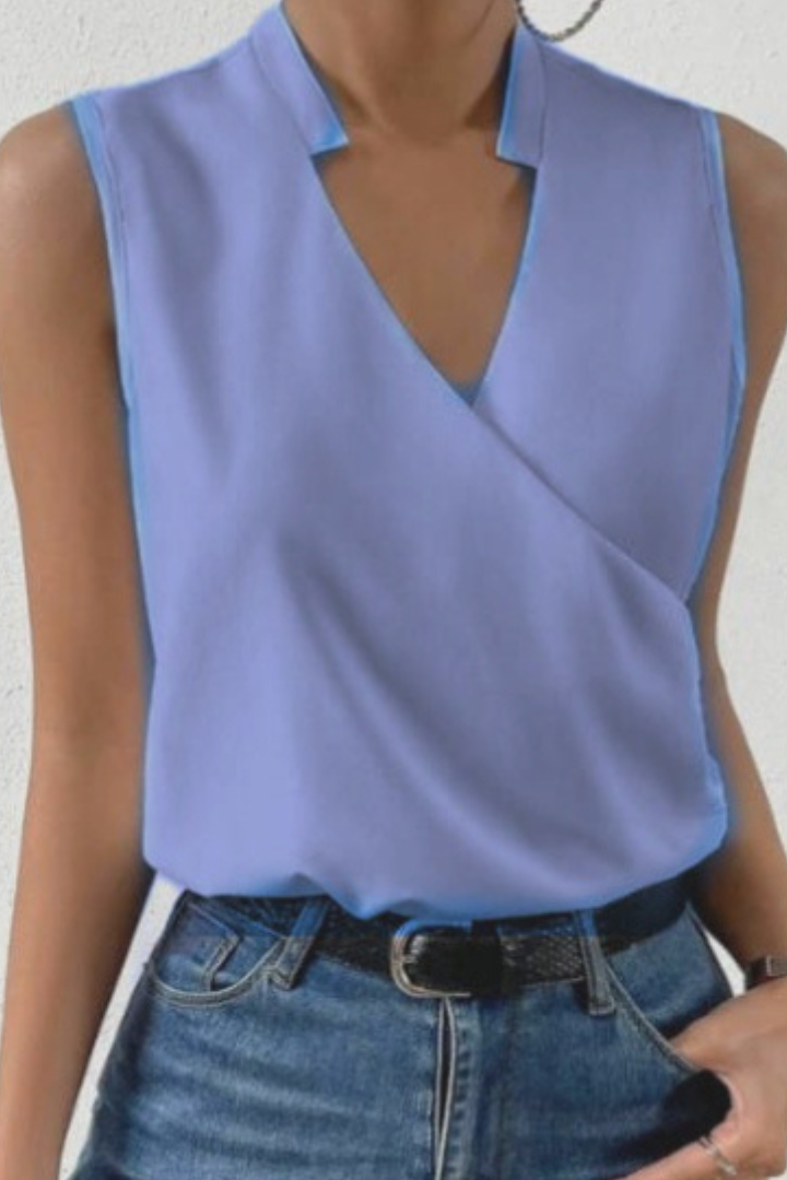 Blusa di lino senza maniche a stampa floreale con scollo a V — Blusa romantica