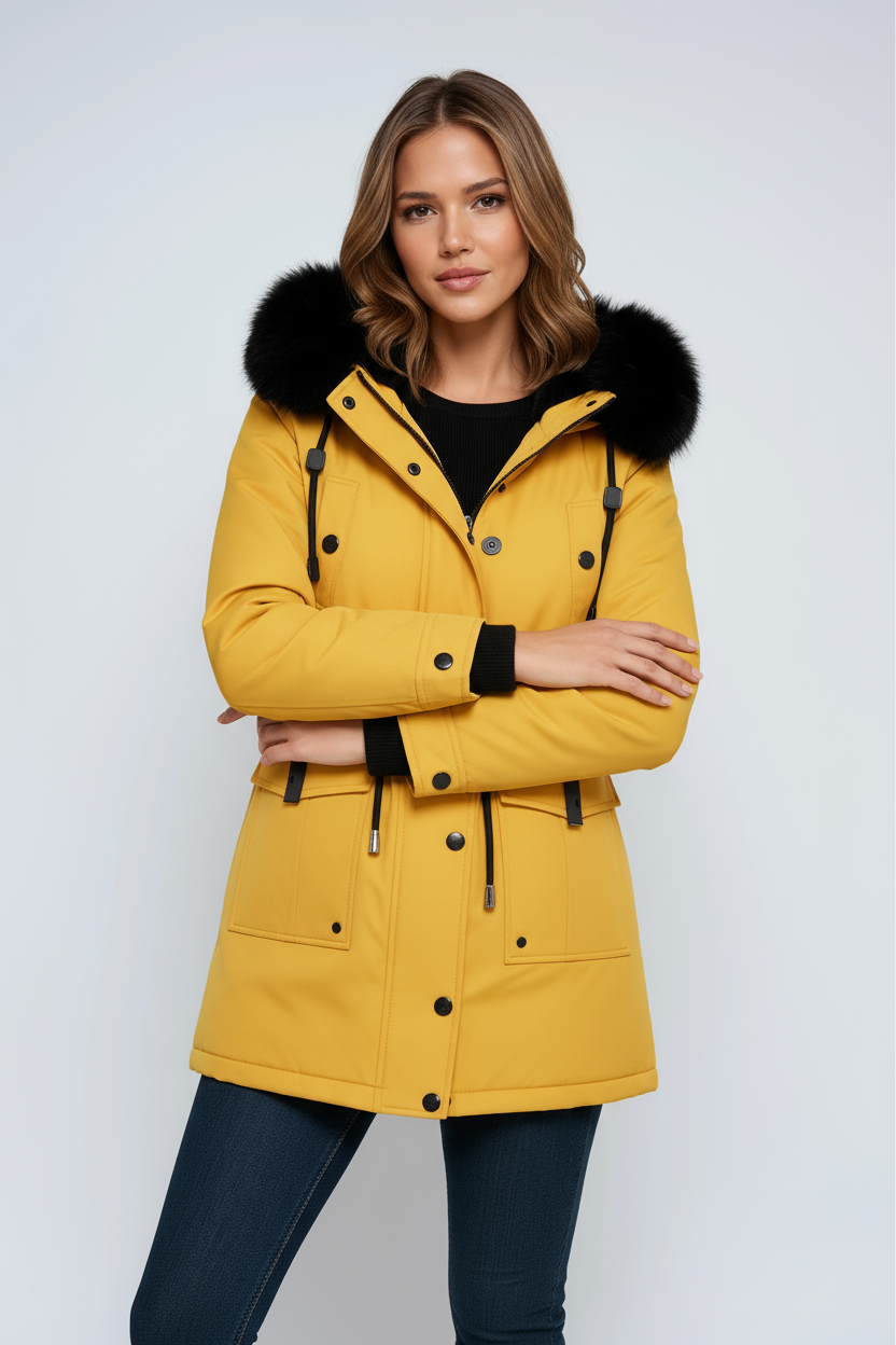 Parka invernale con cappuccio in pelliccia sintetica e vita regolabile — Cappotto imbottito