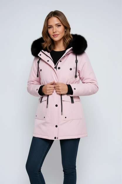 Parka invernale con cappuccio in pelliccia sintetica e vita regolabile — Cappotto imbottito