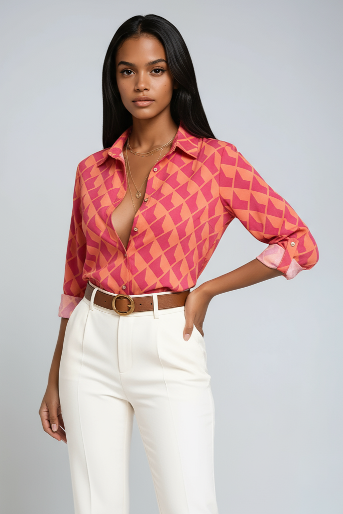Blusa di lino con stampa geometrica, colletto e bottoni — Manica 3/4