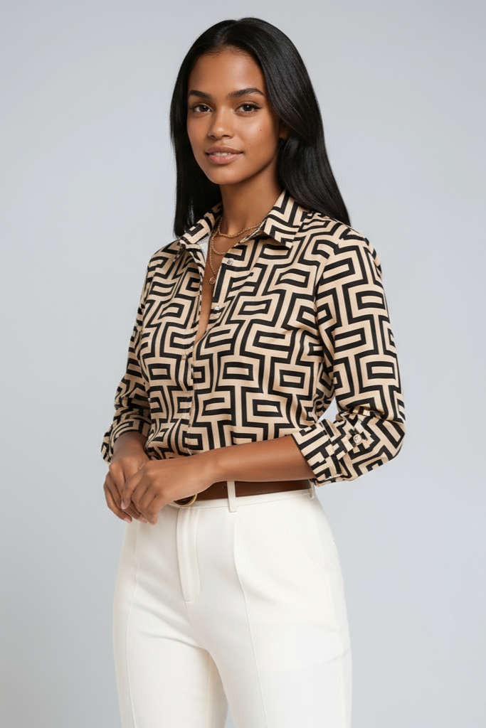 Blusa di lino con stampa geometrica, colletto e bottoni — Manica 3/4