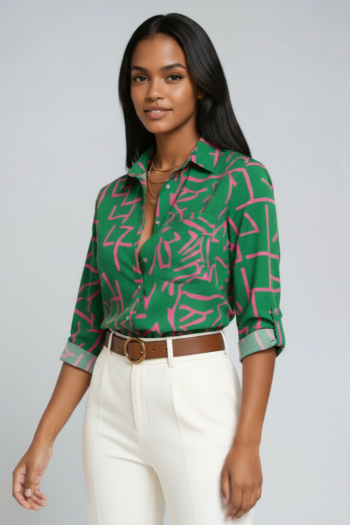 Blusa di lino con stampa geometrica, colletto e bottoni — Manica 3/4
