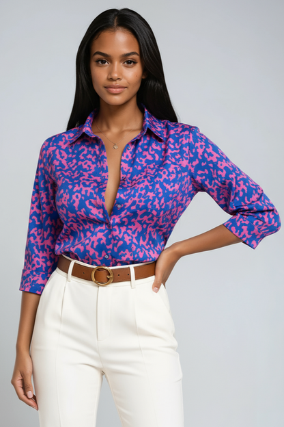 Blusa di lino con stampa geometrica, colletto e bottoni — Manica 3/4