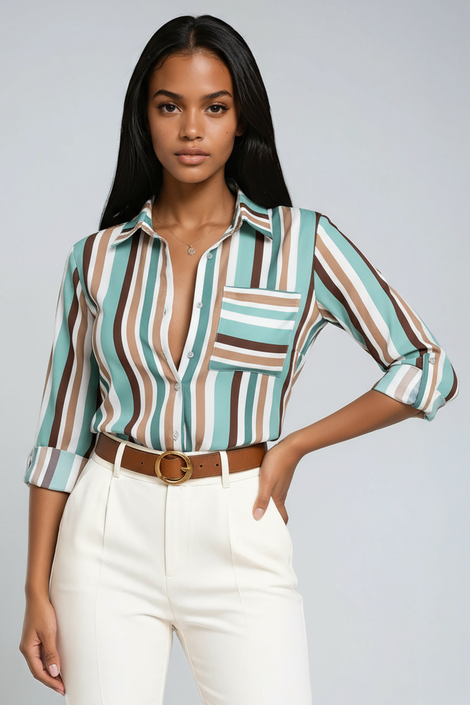 Blusa di lino con stampa geometrica, colletto e bottoni — Manica 3/4